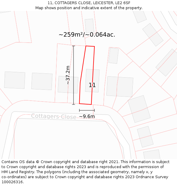11, COTTAGERS CLOSE, LEICESTER, LE2 6SF: Plot and title map