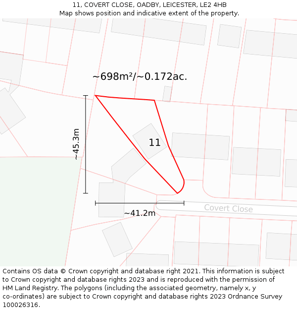 11, COVERT CLOSE, OADBY, LEICESTER, LE2 4HB: Plot and title map