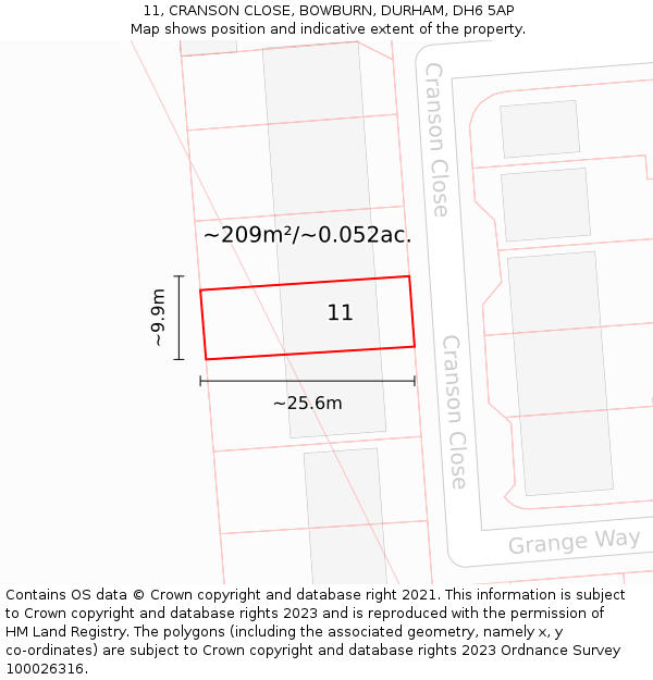 11, CRANSON CLOSE, BOWBURN, DURHAM, DH6 5AP: Plot and title map