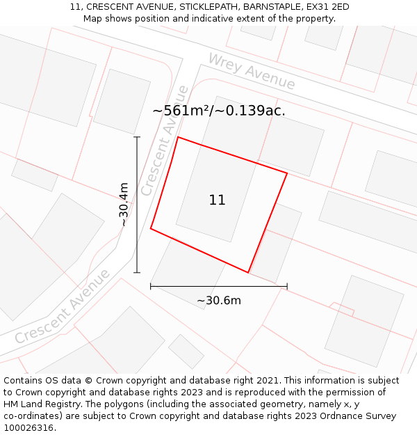 11, CRESCENT AVENUE, STICKLEPATH, BARNSTAPLE, EX31 2ED: Plot and title map