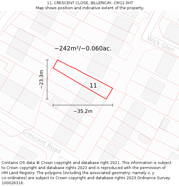 11, CRESCENT CLOSE, BILLERICAY, CM12 0HT: Plot and title map