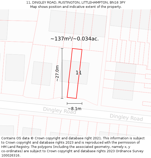 11, DINGLEY ROAD, RUSTINGTON, LITTLEHAMPTON, BN16 3PY: Plot and title map