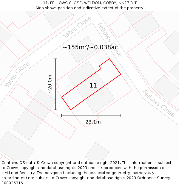 11, FELLOWS CLOSE, WELDON, CORBY, NN17 3LT: Plot and title map