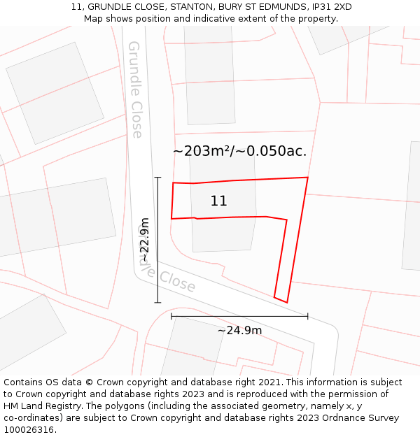 11, GRUNDLE CLOSE, STANTON, BURY ST EDMUNDS, IP31 2XD: Plot and title map