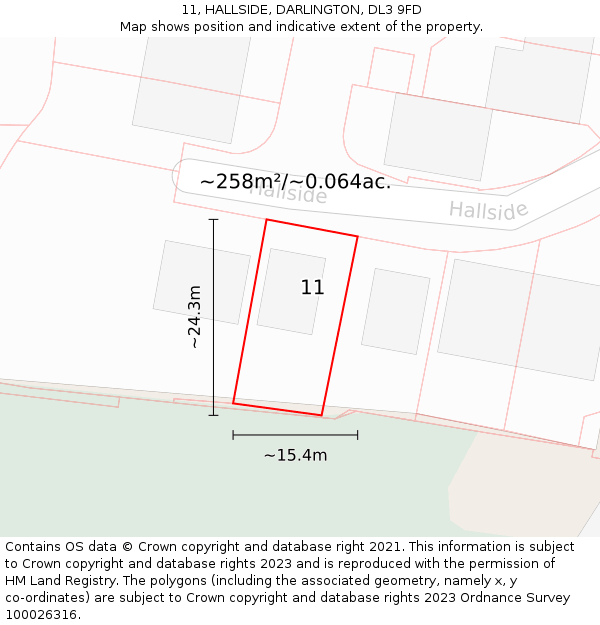 11, HALLSIDE, DARLINGTON, DL3 9FD: Plot and title map