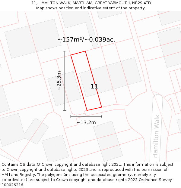 11, HAMILTON WALK, MARTHAM, GREAT YARMOUTH, NR29 4TB: Plot and title map
