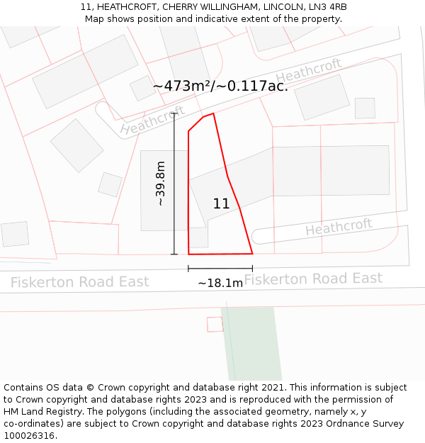 11, HEATHCROFT, CHERRY WILLINGHAM, LINCOLN, LN3 4RB: Plot and title map