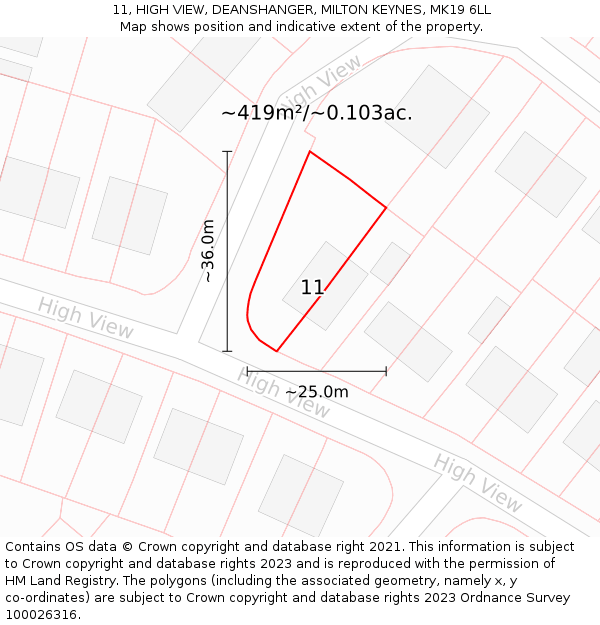 11, HIGH VIEW, DEANSHANGER, MILTON KEYNES, MK19 6LL: Plot and title map