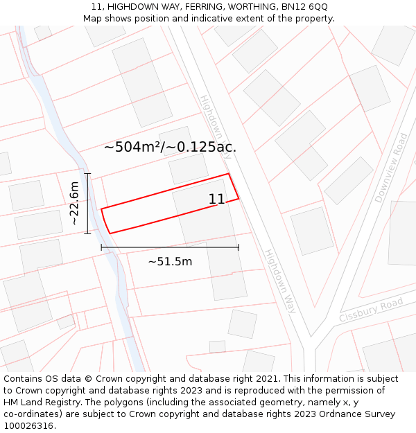 11, HIGHDOWN WAY, FERRING, WORTHING, BN12 6QQ: Plot and title map