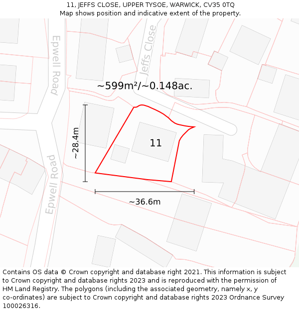 11, JEFFS CLOSE, UPPER TYSOE, WARWICK, CV35 0TQ: Plot and title map
