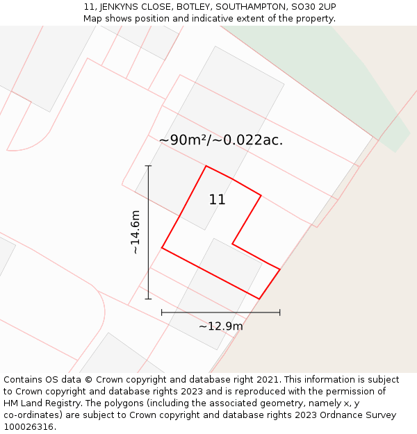 11, JENKYNS CLOSE, BOTLEY, SOUTHAMPTON, SO30 2UP: Plot and title map