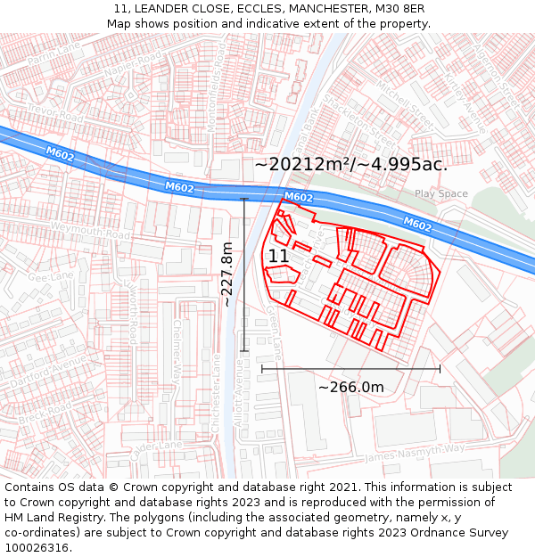 11, LEANDER CLOSE, ECCLES, MANCHESTER, M30 8ER: Plot and title map
