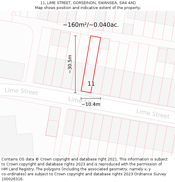 11, LIME STREET, GORSEINON, SWANSEA, SA4 4AD: Plot and title map