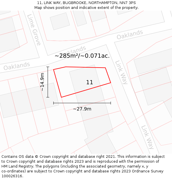11, LINK WAY, BUGBROOKE, NORTHAMPTON, NN7 3PS: Plot and title map