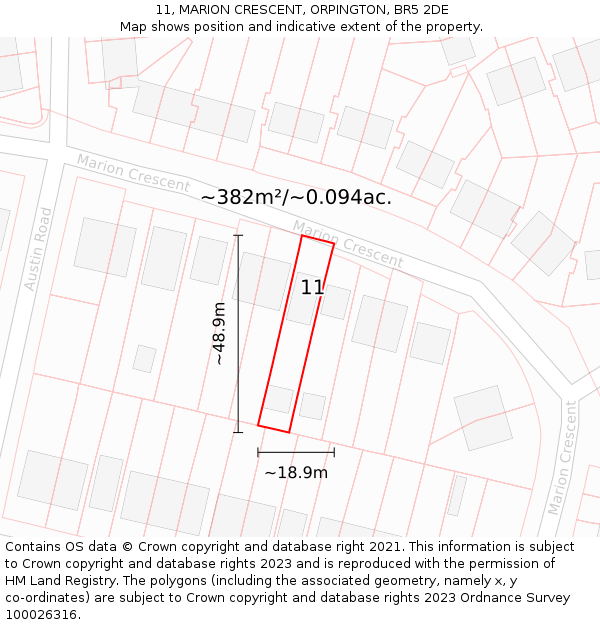 11, MARION CRESCENT, ORPINGTON, BR5 2DE: Plot and title map