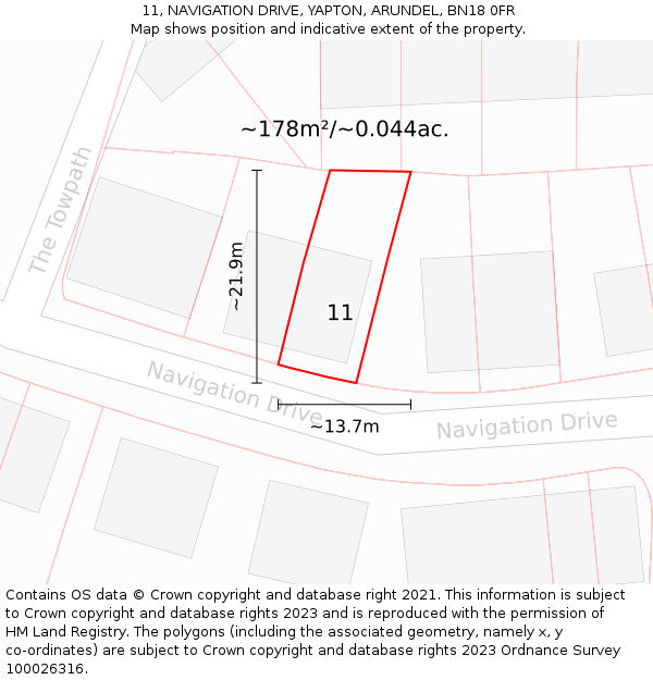 11, NAVIGATION DRIVE, YAPTON, ARUNDEL, BN18 0FR: Plot and title map
