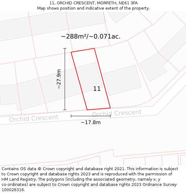 11, ORCHID CRESCENT, MORPETH, NE61 3FA: Plot and title map