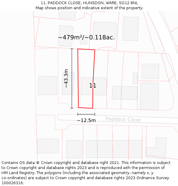 11, PADDOCK CLOSE, HUNSDON, WARE, SG12 8NL: Plot and title map