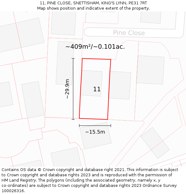 11, PINE CLOSE, SNETTISHAM, KING'S LYNN, PE31 7RT: Plot and title map