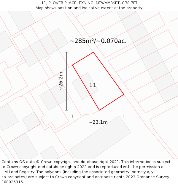 11, PLOVER PLACE, EXNING, NEWMARKET, CB8 7FT: Plot and title map