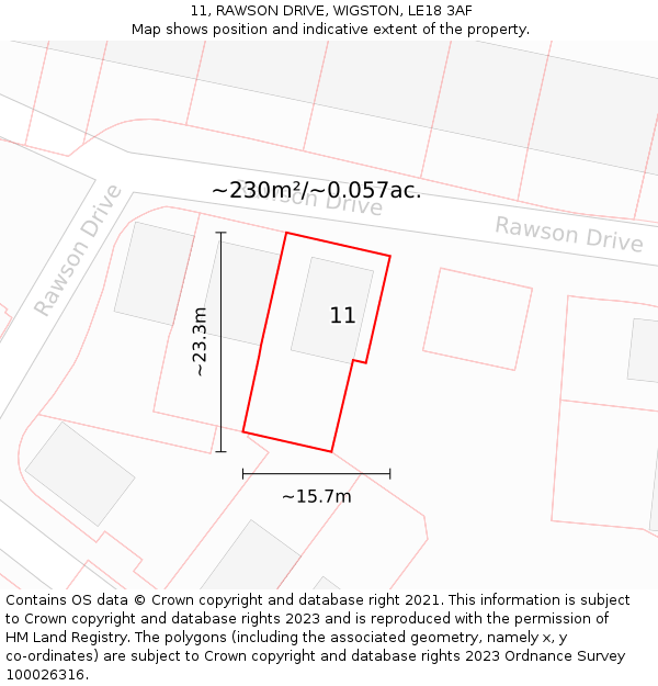 11, RAWSON DRIVE, WIGSTON, LE18 3AF: Plot and title map