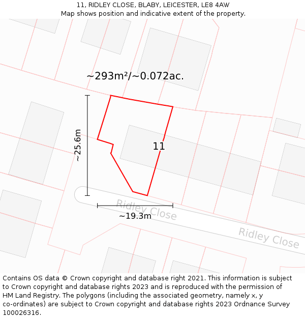 11, RIDLEY CLOSE, BLABY, LEICESTER, LE8 4AW: Plot and title map