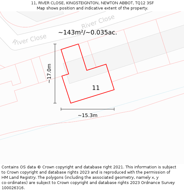 11, RIVER CLOSE, KINGSTEIGNTON, NEWTON ABBOT, TQ12 3SF: Plot and title map