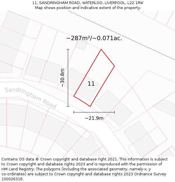 11, SANDRINGHAM ROAD, WATERLOO, LIVERPOOL, L22 1RW: Plot and title map