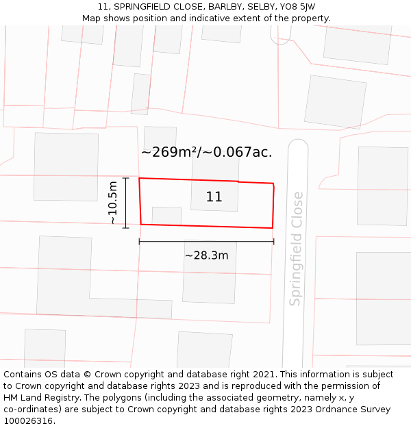 11, SPRINGFIELD CLOSE, BARLBY, SELBY, YO8 5JW: Plot and title map