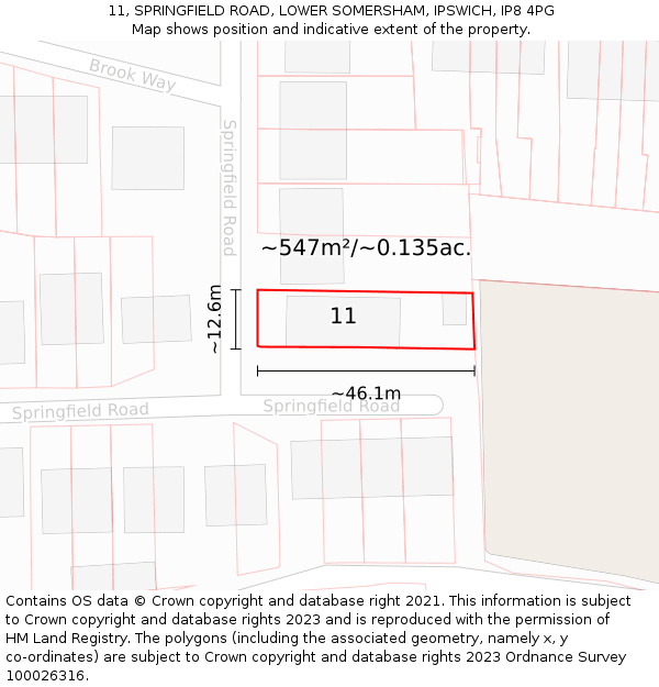11, SPRINGFIELD ROAD, LOWER SOMERSHAM, IPSWICH, IP8 4PG: Plot and title map