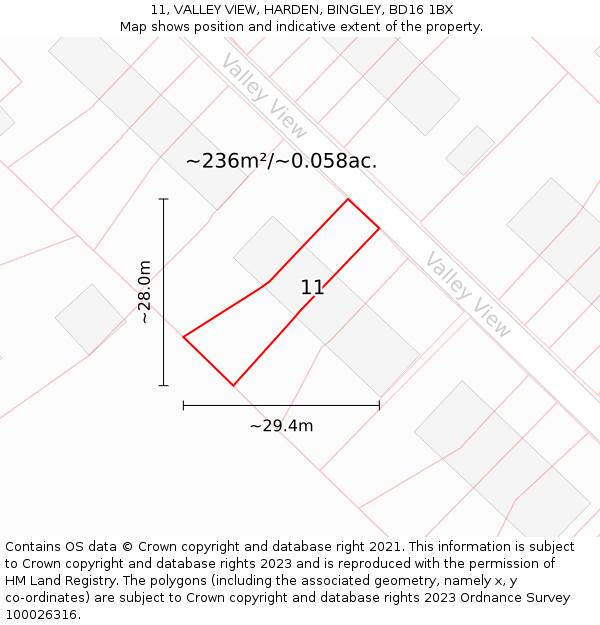 11, VALLEY VIEW, HARDEN, BINGLEY, BD16 1BX: Plot and title map