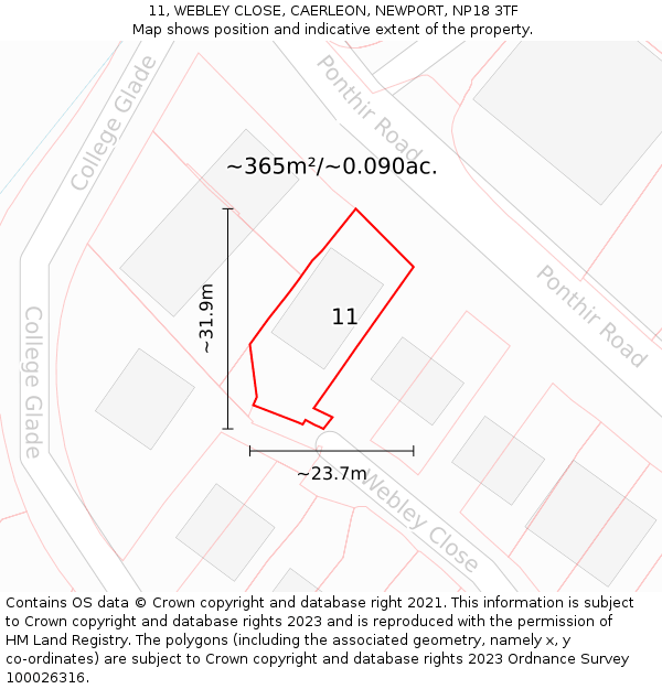 11, WEBLEY CLOSE, CAERLEON, NEWPORT, NP18 3TF: Plot and title map