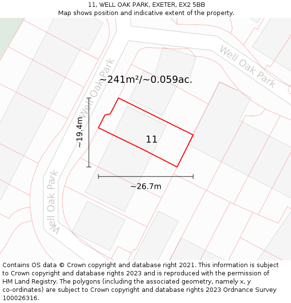 11, WELL OAK PARK, EXETER, EX2 5BB: Plot and title map