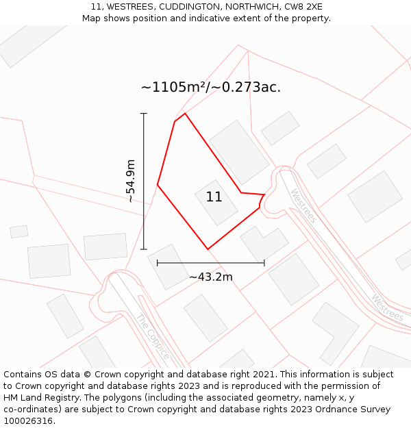 11, WESTREES, CUDDINGTON, NORTHWICH, CW8 2XE: Plot and title map