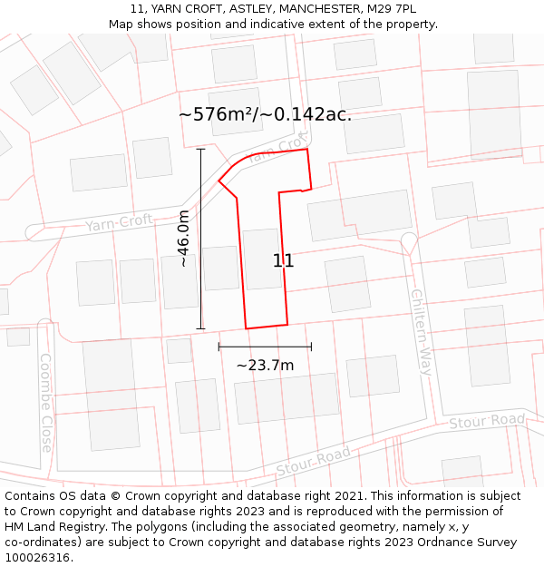 11, YARN CROFT, ASTLEY, MANCHESTER, M29 7PL: Plot and title map