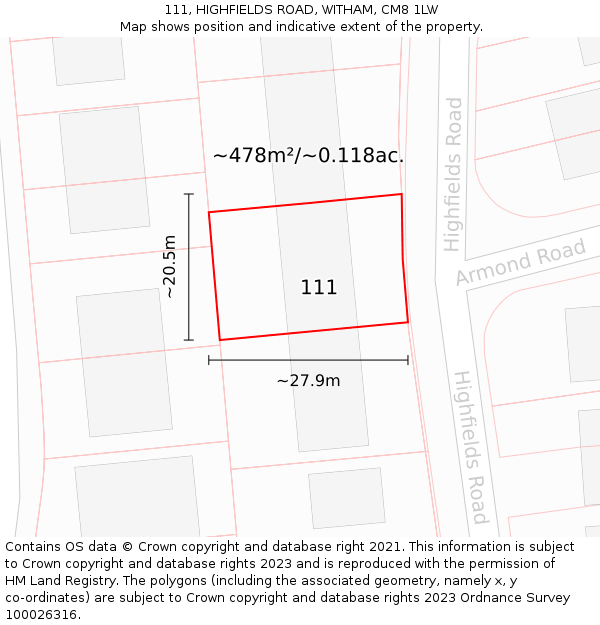 111, HIGHFIELDS ROAD, WITHAM, CM8 1LW: Plot and title map