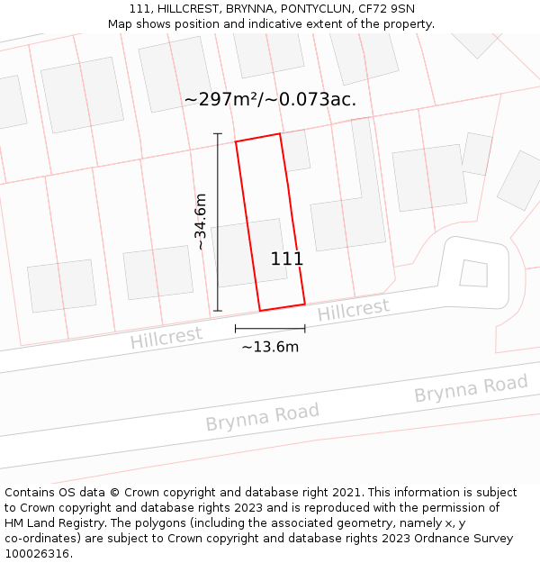 111, HILLCREST, BRYNNA, PONTYCLUN, CF72 9SN: Plot and title map