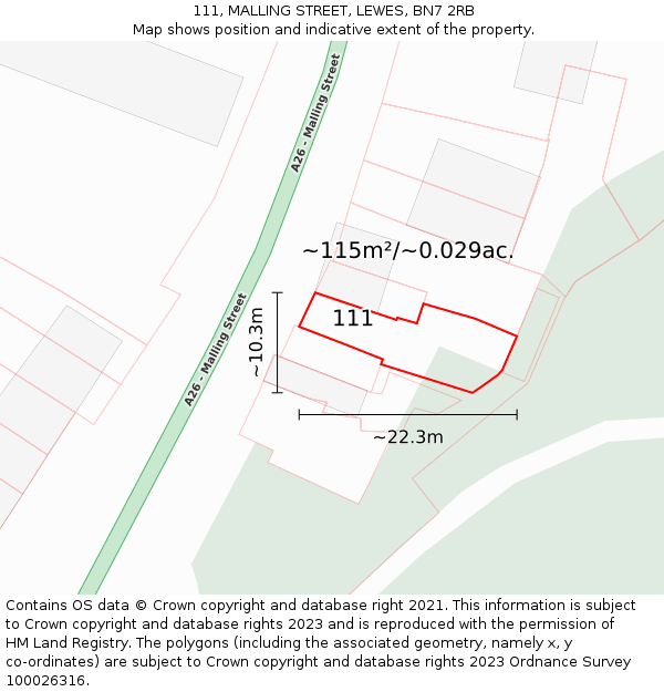 111, MALLING STREET, LEWES, BN7 2RB: Plot and title map