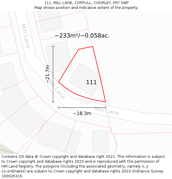 111, MILL LANE, COPPULL, CHORLEY, PR7 5WP: Plot and title map