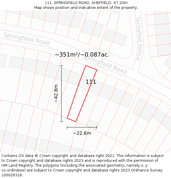 111, SPRINGFIELD ROAD, SHEFFIELD, S7 2GH: Plot and title map
