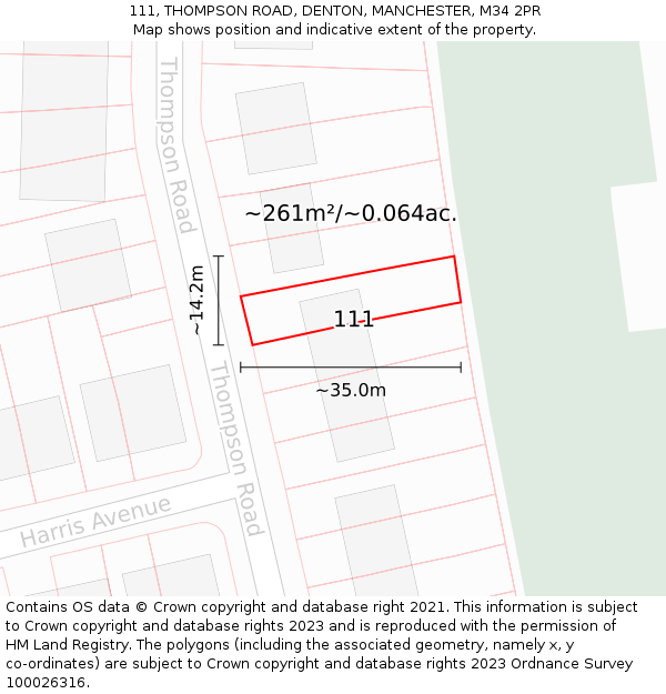 111, THOMPSON ROAD, DENTON, MANCHESTER, M34 2PR: Plot and title map