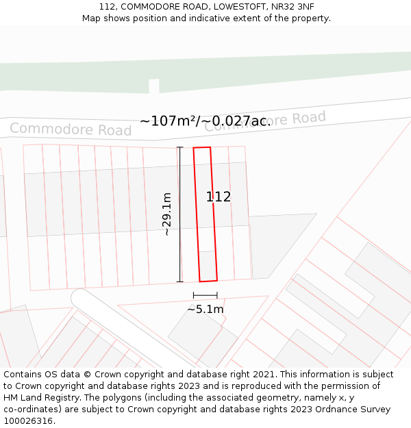 112, COMMODORE ROAD, LOWESTOFT, NR32 3NF: Plot and title map