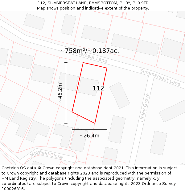 112, SUMMERSEAT LANE, RAMSBOTTOM, BURY, BL0 9TP: Plot and title map
