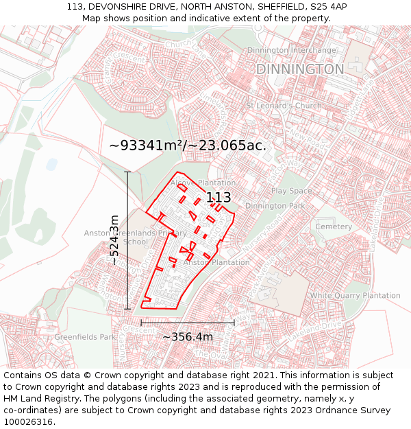 113, DEVONSHIRE DRIVE, NORTH ANSTON, SHEFFIELD, S25 4AP: Plot and title map