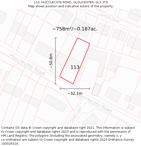 113, HUCCLECOTE ROAD, GLOUCESTER, GL3 3TS: Plot and title map