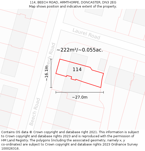 114, BEECH ROAD, ARMTHORPE, DONCASTER, DN3 2EG: Plot and title map