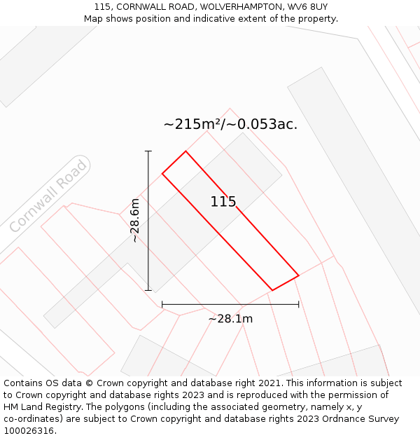 115, CORNWALL ROAD, WOLVERHAMPTON, WV6 8UY: Plot and title map