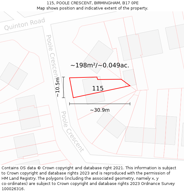 115, POOLE CRESCENT, BIRMINGHAM, B17 0PE: Plot and title map