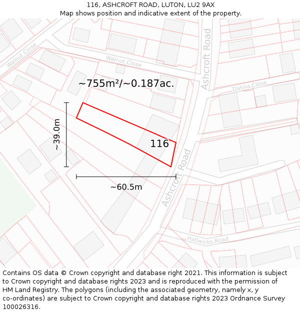 116, ASHCROFT ROAD, LUTON, LU2 9AX: Plot and title map