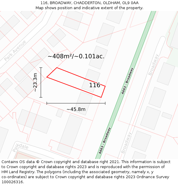 116, BROADWAY, CHADDERTON, OLDHAM, OL9 0AA: Plot and title map
